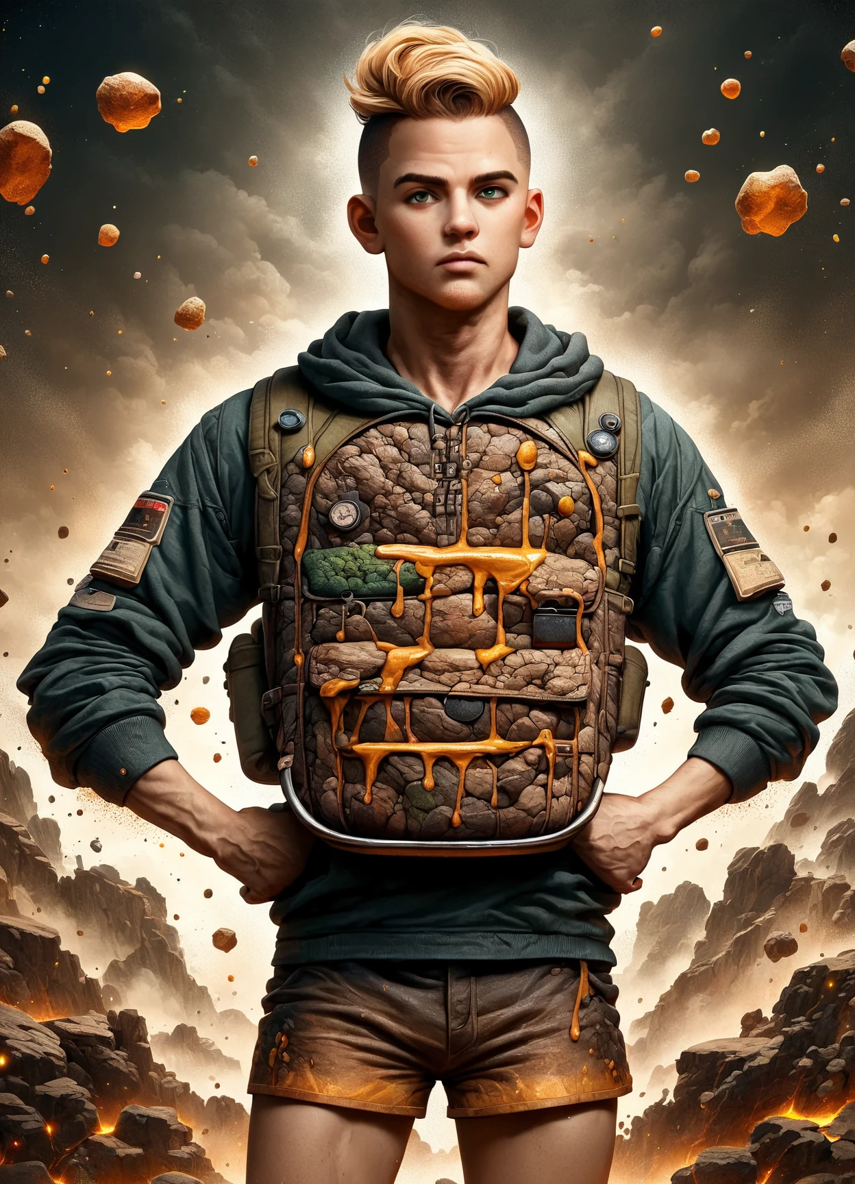 DonM34r7h3l3XL male senior solid, latin american, dark green eyes, split ears,  square chin,   rounded forehead,  pronounced glutes,  , honey blonde slicked-back undercut hair, interest wearing toile    rose tailored board shorts, mosaic henley hoodie, oxfords, bucket hat with a neck flap, camping backpack , standing tall, hands on hips, looking confident,score_9, score_8_up, score_7_up, score_6_up, score_5_up, rating_safe   <lora:DonM34r7h3l3XL-pony:0.9>