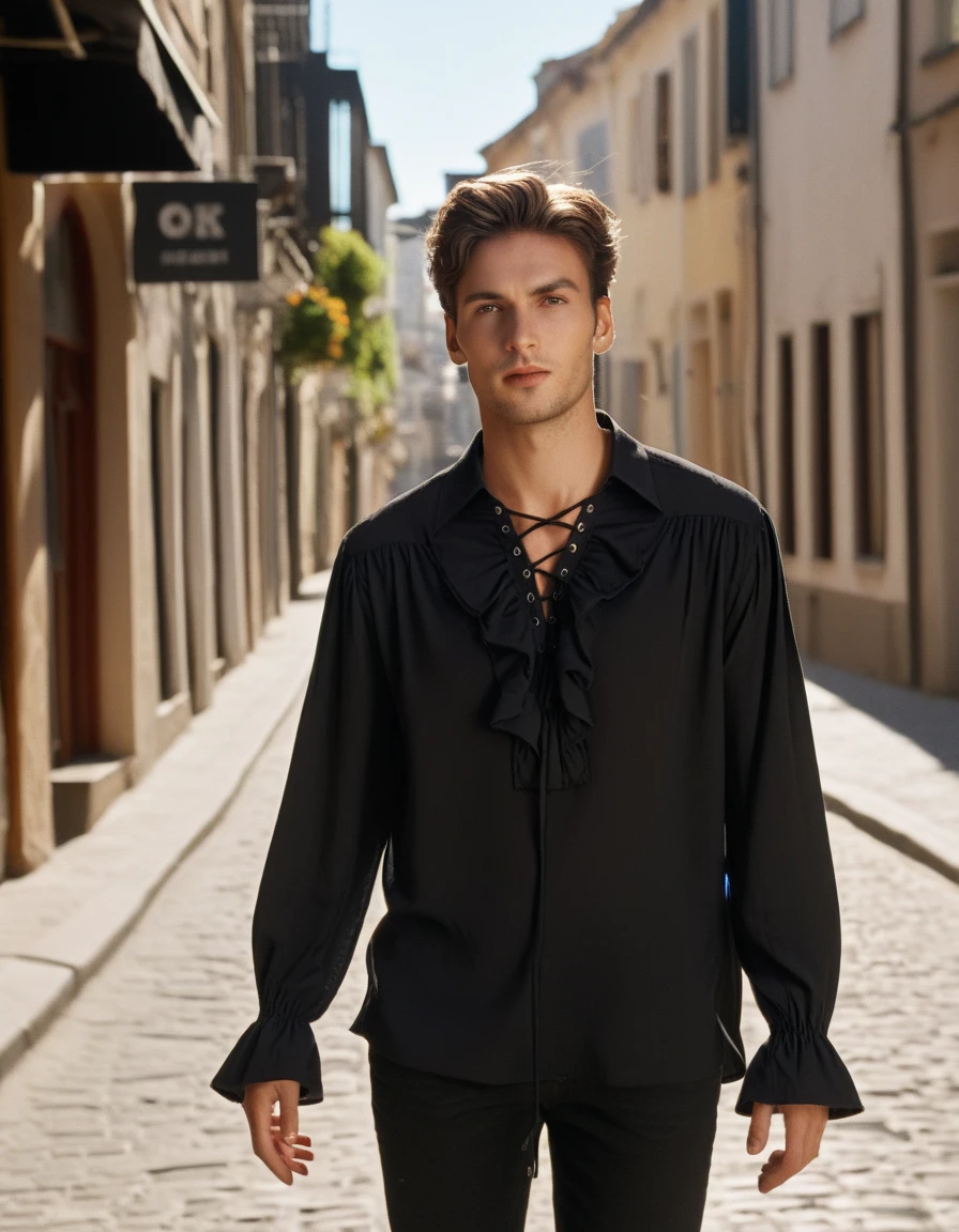 cinematic still prtshirt, black ruffle shirt, drawstring, male focus, a slim attractive male model, in sunny town street, front view, center composition, bright indoor lighting . emotional, harmonious, vignette, 4k epic detailed, shot on kodak, 35mm photo, sharp focus, high budget, cinemascope, moody, epic, gorgeous, film grain, grainy, prtshirt, black ruffle shirt, drawstring, male focus, a slim attractive male model, in sunny town street, front view, center composition, bright indoor lighting, very detailed, beautiful, intricate, cinematic, stunning, highly enhanced, complex, color, elegant, romantic, scenic, thought, clear, perfect, sharp, artistic, real, full, focused