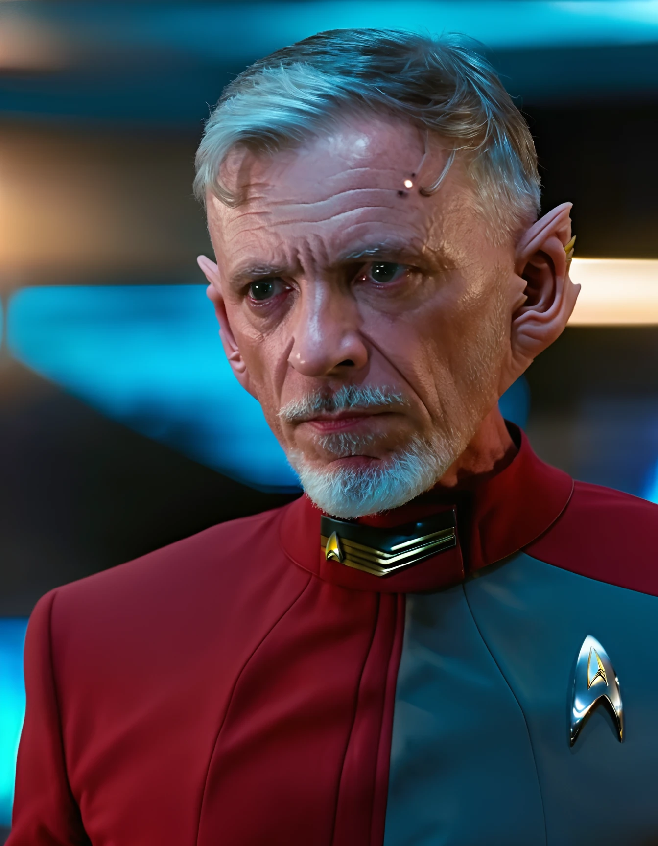 CptRayner, Rayner, male focus, gray eyes, pointy ears, gray thin beard, short gray hair, undercut, upper body, from side, black and red suit, Star Trek