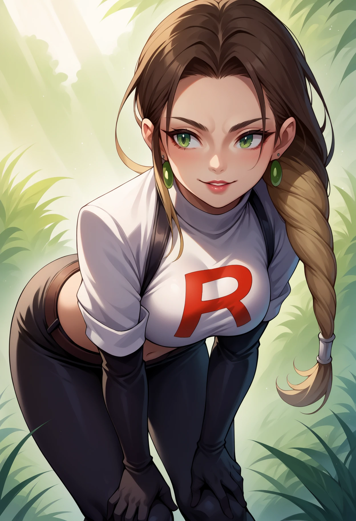score_9, score_8_up,score_7_up, source_anime,1girl, solo, <lora:EPmhsKayna-06:1>, EPmhsKayna, green eyes, multicolored hair, brown hair, blonde hair, sidelocks, braided ponytail, long hair, standing, parted lips, smile, white jacket, cropped jacket, earrings, elbow gloves, gloves, black gloves, white jacket, jewelry, lipstick, looking to the side, makeup, navel, shirt, skirt, team rocket, team rocket uniform, thigh boots, black footwear, hands on own knees, leaning forward, bent over,