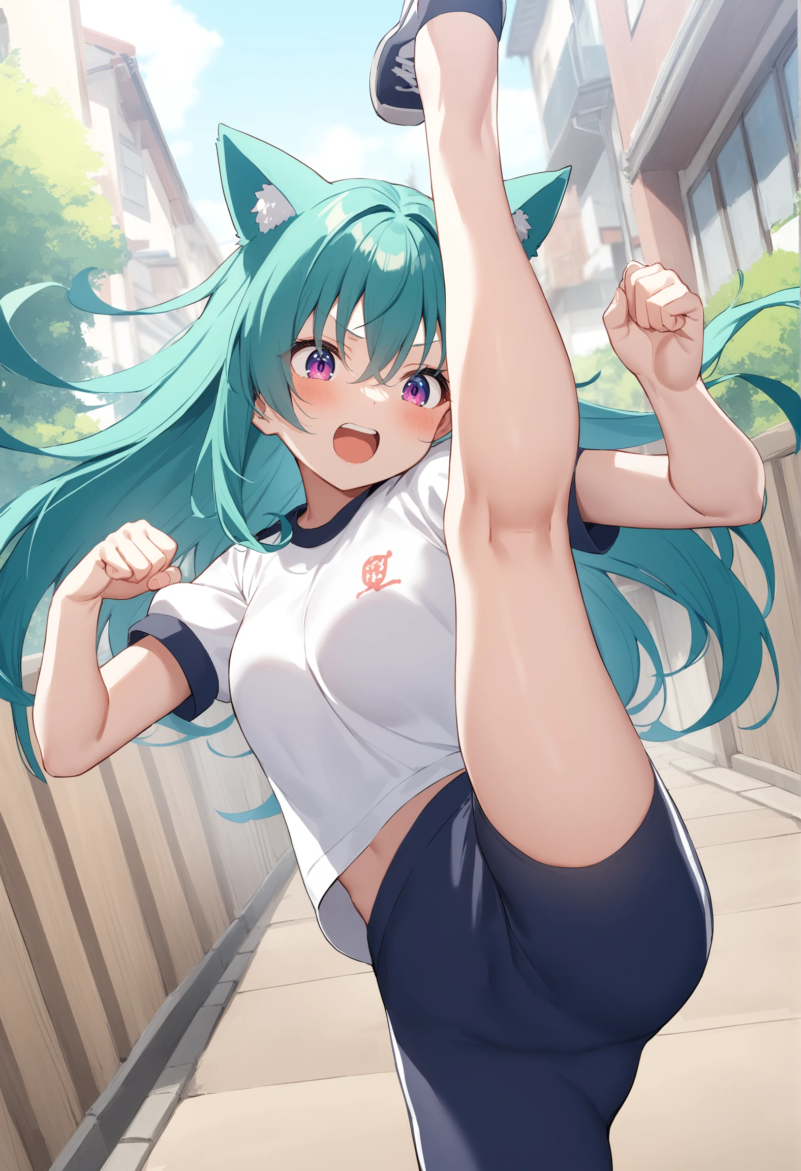1girl,sincos, ningen mame, toosaka asagi,solo,medium breasts,gym uniform,pants,
axe kick, kicking, standing on one leg, leg up, high kick, standing split,<lora:axekick_XL_v1:0.8>
from behind, upper body, looking down, aqua hair, pink eyes,grin, cities, open mouth, curly hair,,
best quality, very aesthetic, absurdres