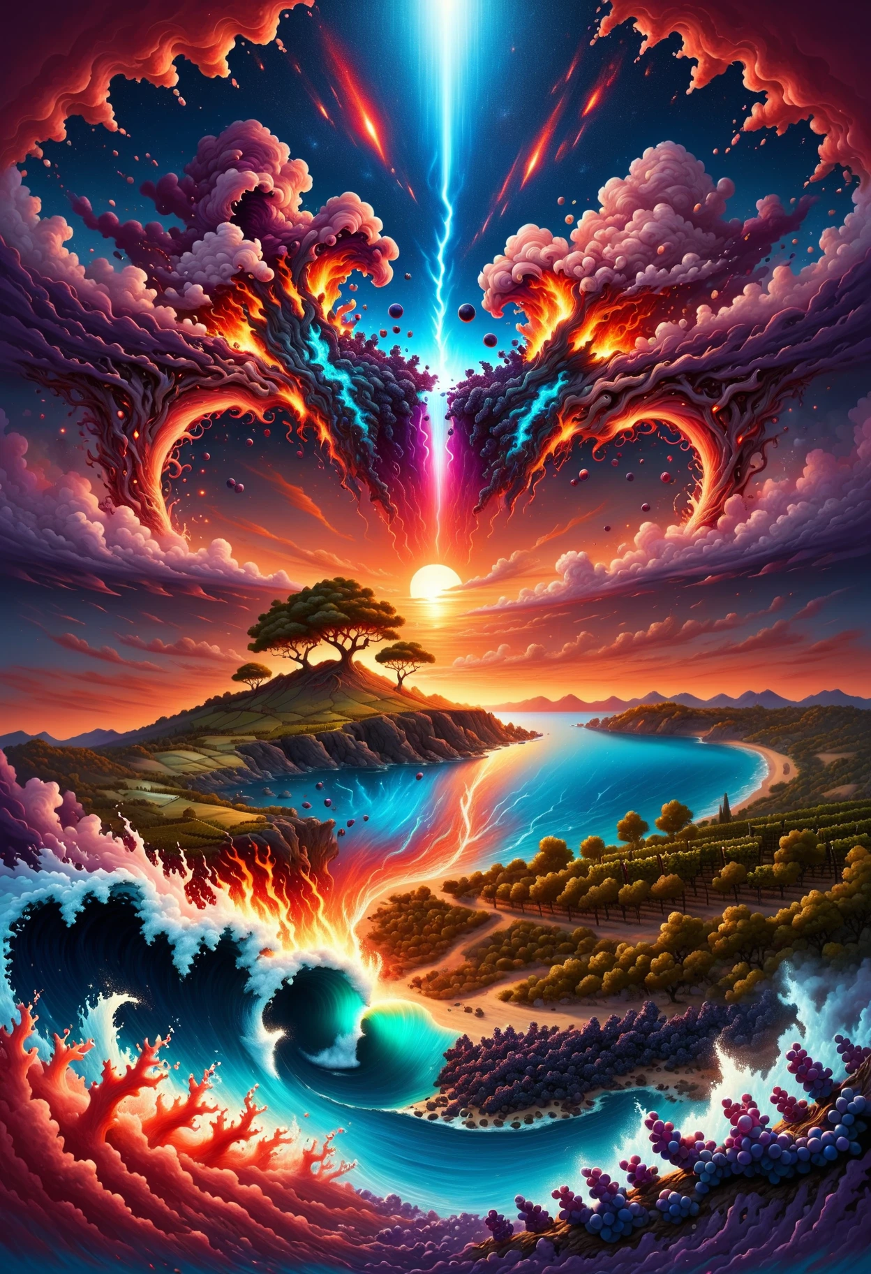 DonMM4573r0f3l3XL, vineyard, meteor,sunset,island,coral bleaching, <lora:DonMM4573r0f3l3XL:1>