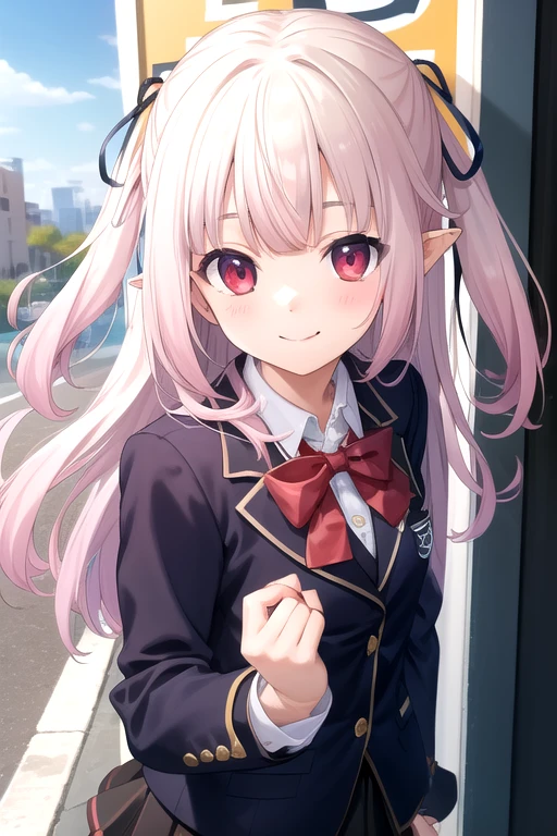 ((masterpiece)),(best quality),official art,extremely delicate and beautiful,extremely detailed CG,unity 8k wallpaper,ultra detailed,beautiful detailed eyes,extremely detailed face,outdoors,1girl,solo,upper body,(portrait:1.5),looking at viewer,facing viewer,smile,(petite:1.2),virtual youtuber,Mashiro Kanon,ahoge,very long hair,pink hair,two side up,gradient hair,multicolored hair,floating hair,hair ribbon,black ribbon,hair ornament,two side up,pointy ears,bangs,red eyes,school uniform,blue jacket,blazer,red bowtie,white shirt,collared shirt,long sleeves,small breasts,skindentation,miniskirt,black skirt,pleated skirt,zettai ryouiki,white thighhighs,loafers,black footwear,<lora:Mashiro Kanon(vtb)>,