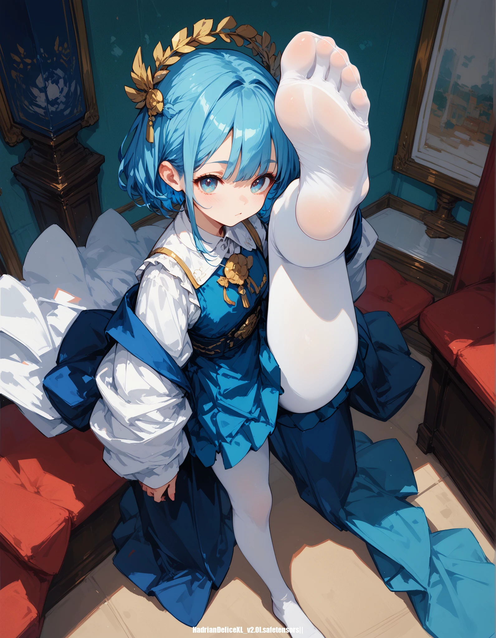 (score_9,score_8_up,score_7_up), ,, (hadrian,standing and show foot,standing and show sole,from above,foot focus,fisheye,standing on one leg,sole),white pantyhose,blue hair,holding leg,