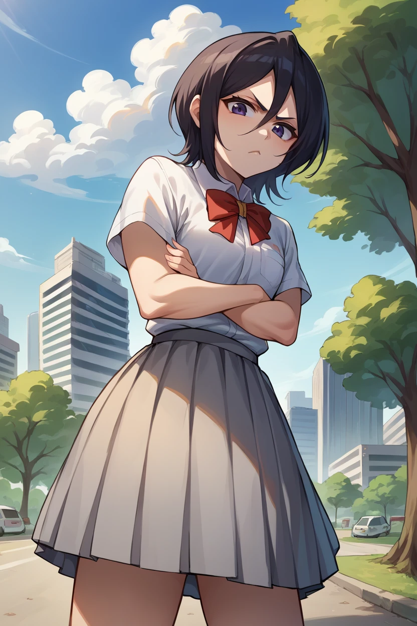 score_9, score_8_up, score_7_up, score_6_up, source_anime BREAK 1girl, solo,  <lora:rukia-pdxl-nvwls-v1-000006:1> defrka, black hair, black eyes, short hair, red bowtie, white shirt, grey skirt, crossed arms, annoyed, city, blue sky, tree, park, building, looking at you, from below