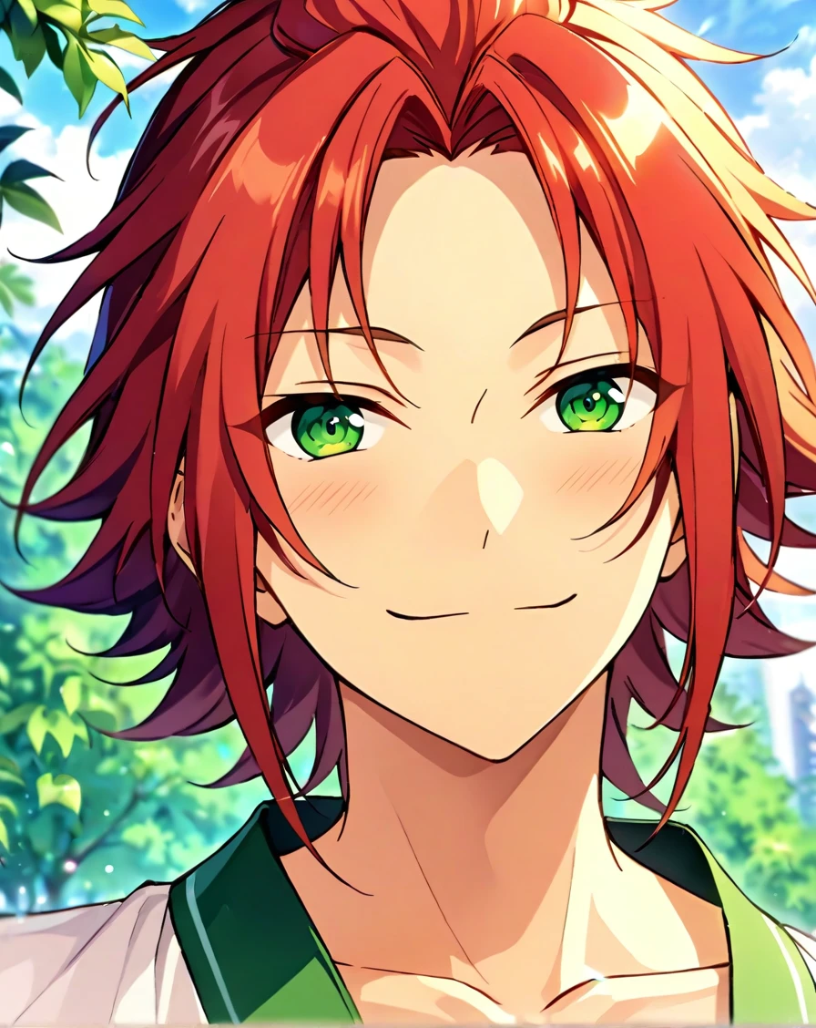 masterpiece, best quality, very aesthetic, absurdres, very detailed, score_9, score_8_up, score_7_up, depth of field, ((1boy, solo, male only, male focus, face focus)), (isara_mao, green eyes, red hair, medium hair, long bangs, adult), happy, looking at viewer, facing viewer, collarbone, outdoors, <lora:Lightning-8:1> <lora:Isara_Mao_SDXL_LoRA:0.74>