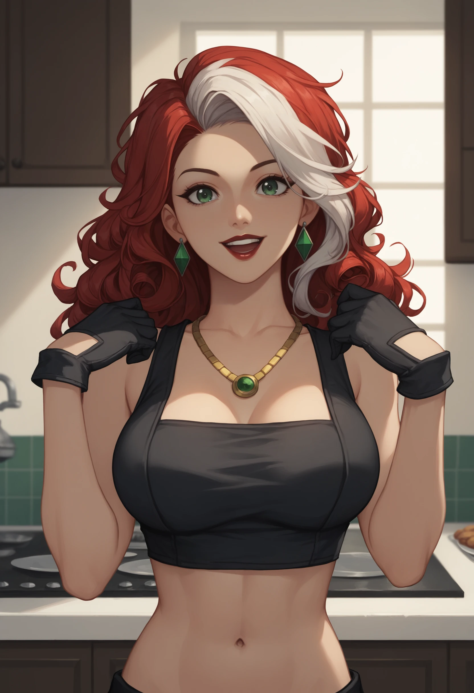 Anna Marie Darkholme, Rogue, 1girl, solo, green eyes, multicolored hair, curly hair, fluffy hair, long hair, red hair, red lips, lipstick, makeup, white hair, two-tone hair, open mouth, upper teeth only, large breasts, crop top, bare shoulders, shirt, smile, jewelry, earrings, gold necklace, navel, gloves, hands up, black shirt, black gloves, looking at viewer, indoors, kitchen scene, BREAK PonyXLV6_Scores