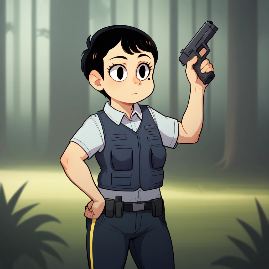 score_9_up, BREAK,  MissOfficer, 1girl, solo , black hair, short hair, black eyes , mole under left eye, shirt, vest, pants,  <lora:Miss_Officer_PXL_Leaf1:1>, cowboy shot, blurry background, forest, holding handgun,