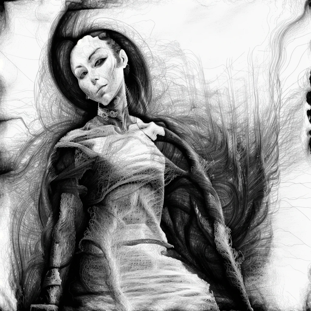 scrxy style, monochrome, surreal, corsett, cloth traditional pattern, cyborg , <lora:scrxy:1.25>, cropped