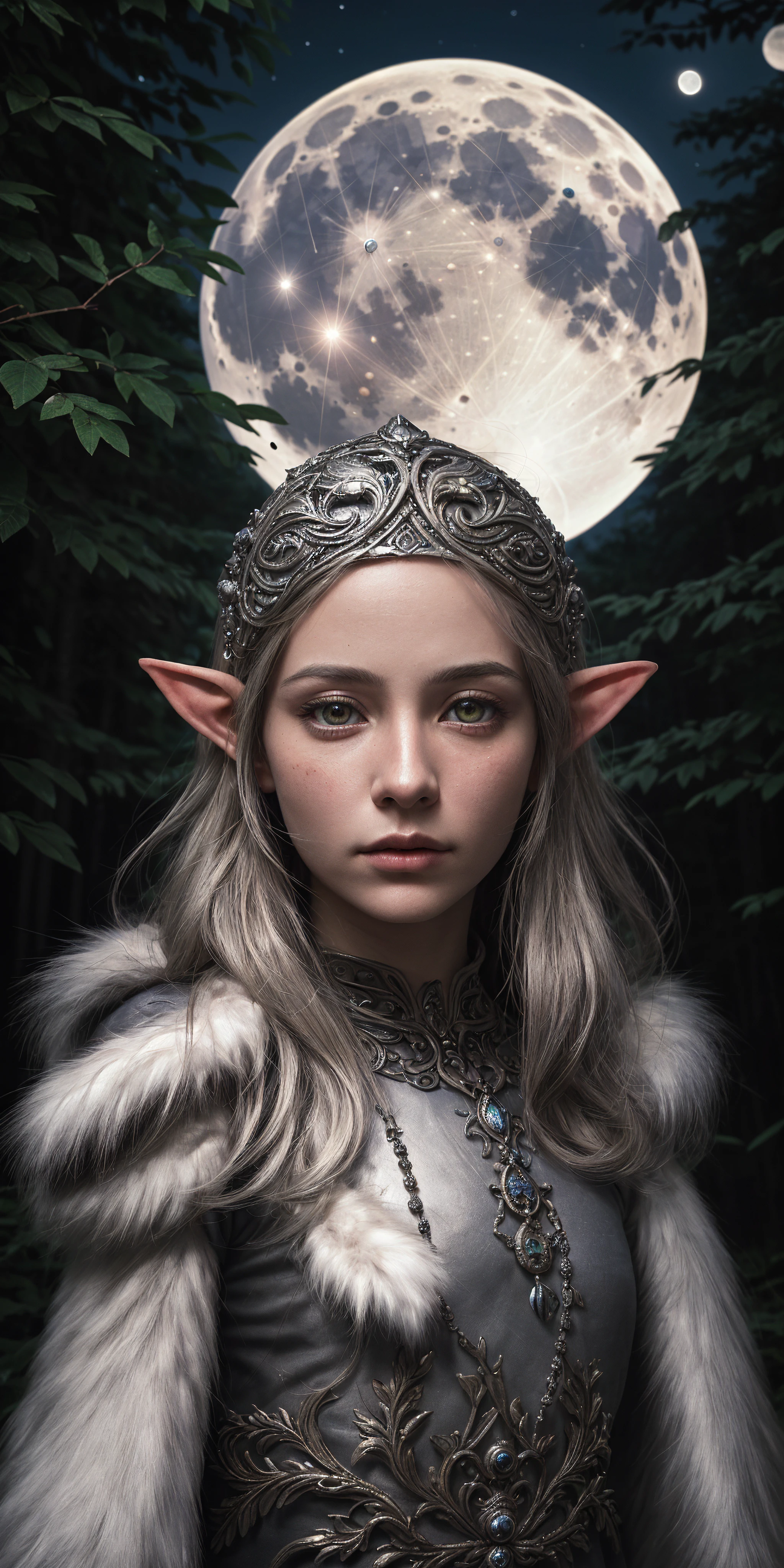 50mm lens
aperture opening of f/4.0
1 girl, beautiful elven maiden:1, silver elven armor:0.8, shoulder portrait, Night, Forest:0.8, Full moon, mana flow, shimmers, psychic energy, intricate details, HDR+, intricate details, Detailed Fluffy Fur, Detailed Hair, hyperdetailed, natural fur texture, detailed skin, hyperrealism, sharp
(hyperrealistic, cinematic light, depth of field)
\\ Made with ONE FOR ALL checkpoint by Chaos Experience @ https://civitai.com/user/ChaosExperience/ \\