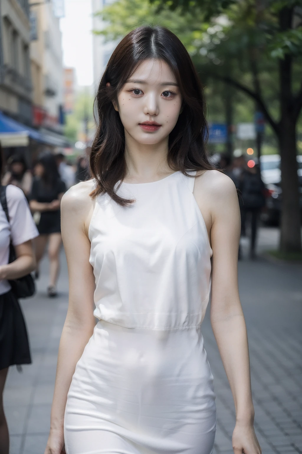 Best quality, masterpiece, ultra high res, (photorealistic:1.4), raw photo, 1girl, outdoor, closeup, looking at viewer, black dress, sleeveless,long hair, <lora:makina69_wonyoung_v4.9:1>