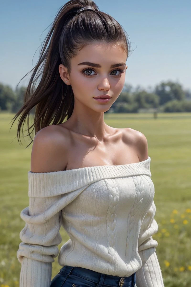 portrait of S429_CocoNady,a gorgeous woman,on a (field:1.1),wearing an (off-shoulder sweater:1.1),(4k, RAW photo, best quality, 50mm, depth of field, ultra high res:1.1),(intricate, photorealistic, cinematic-shot, masterpiece, ultra-detailed:1.1),