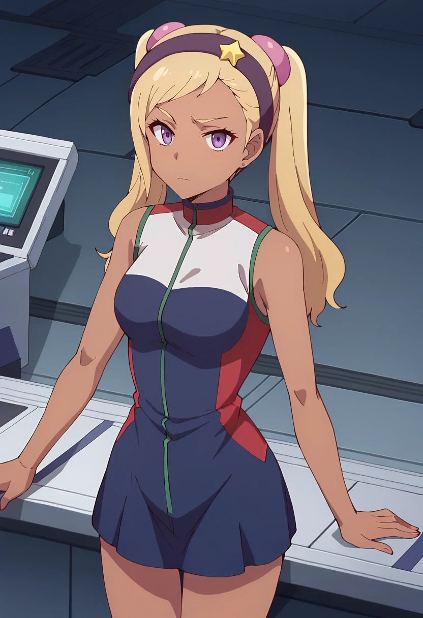 score_9, score_8_up, score_7_up,
<lora:KanataNoAstra_QuitterieRaffaeliXL:0.8>, QuitterieRaffaeli,
1girl, solo, closed mouth,
blonde hair, purple eyes, twintails, purple hairband, star (symbol), purple scrunchie, dark skin,
QuitterieDress, multicolored dress, blue dress, white dress, short dress, sleeveless, zipper,
standing, looking at the viewer, thigh gap,
science fiction, indoors, spacecraft interior