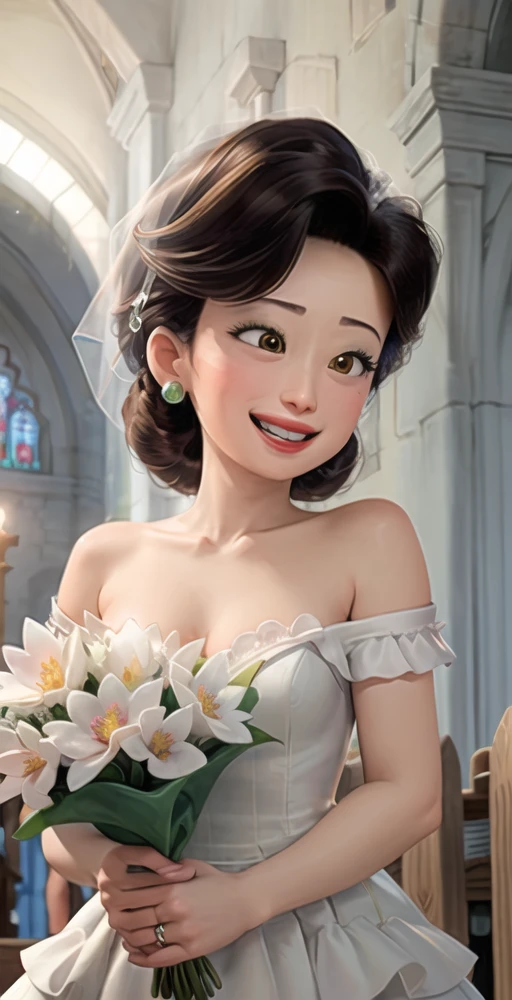 ML, 1girl, solo, grin, lipstick, holding bouquet white flowers, wedding dress, off shoulder frills, bare collarbone, (hair veil), lace, standing in front of church, sunny, perfect quality, good quality, masterpiece, HDR, UHD <lora:Ming Lee:0.6>