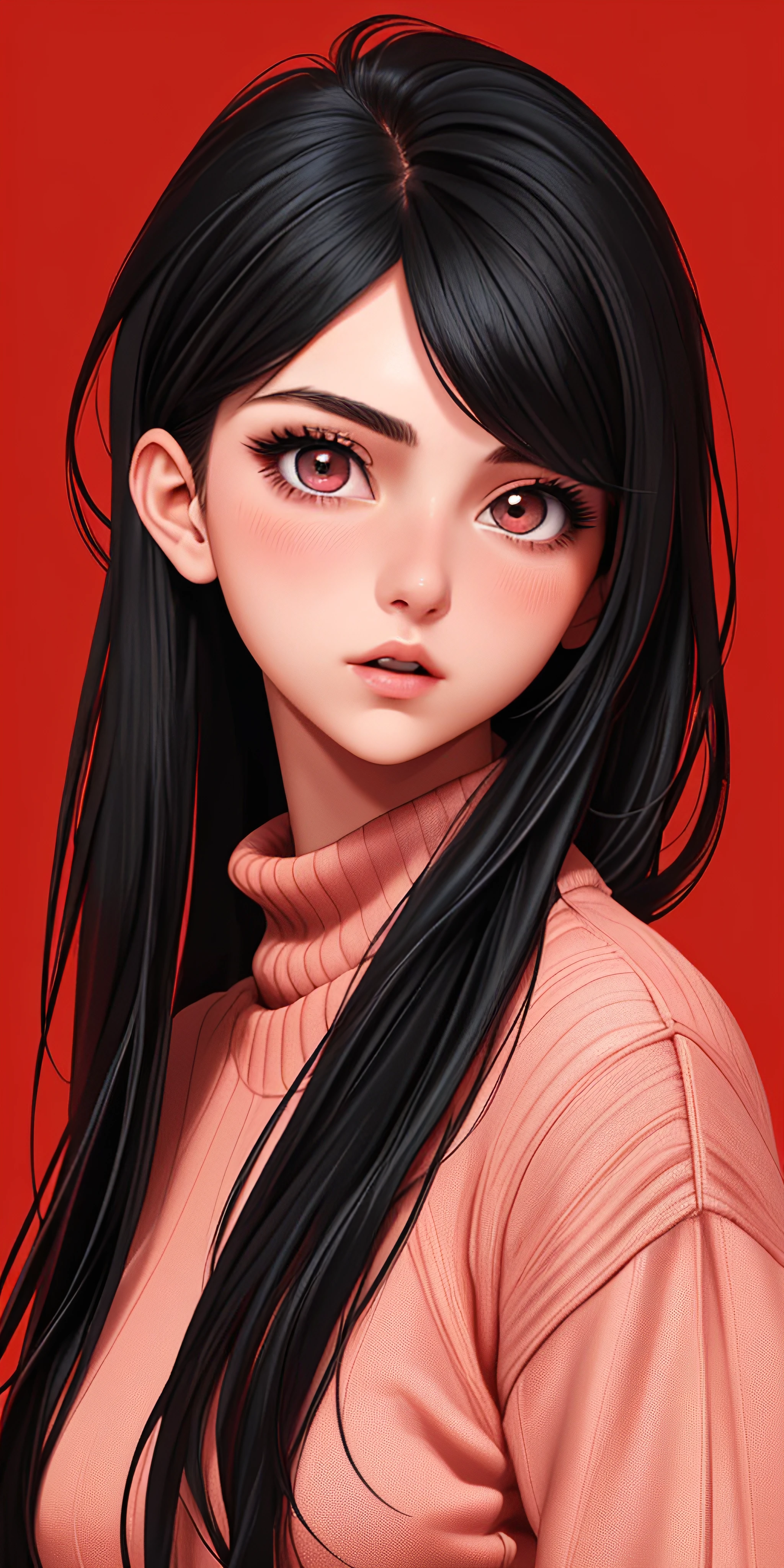 score_9, score_8_up, score_7_up, 20 years old, 8k, hd, beautiful girl, black hair, very long hair, straight hair, closed mouth
1girl, detailed face, beautiful woman's face, sweater, red background, looking at viewer