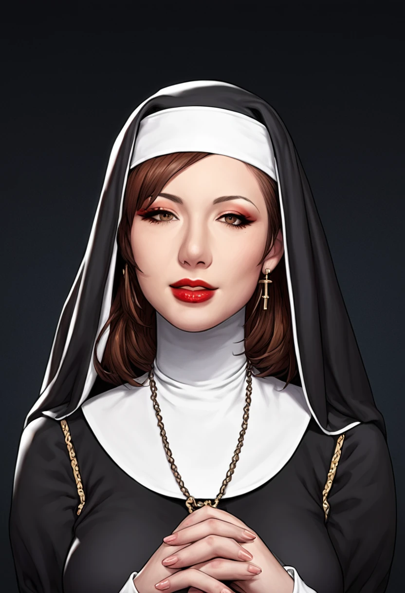 portrait, score_9, score_8_up, score_7_up, source_anime, source_cartoon, rating_safe 1girl, solo,  kh, brown hair, brown eyes, makeup, plump, nun habit, nun outfit, nun dress, red lipstick,
(cartoon, anime),detailed face, (cowboy shot), (source_cartoon), detailed eyes, masterpiece,    
SIMPLE BACKGROUND, black background
woman,1girl, , looking  at viewer, grinning, flirty eyes,            
 <lora:Karina_Hart:.8>