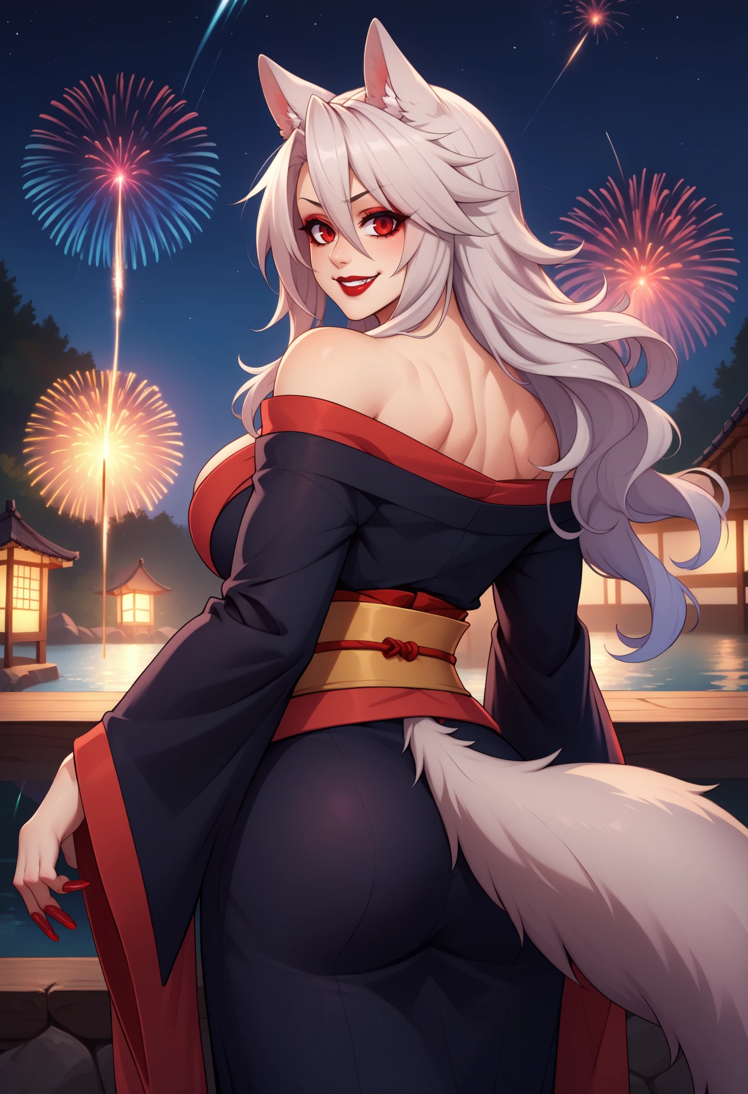 score_9, score_8_up, score_7_up, detailed, BREAK 1girl, solo, ferania, wolf girl, red eyes, animal ears, makeup, lipstick, red nails, wolf tail, long hair, hair between eyes, silver hair, large breasts, <lora:FeraniaWolfenstahlPDXL_V1-Manityro-CAME:1.0>, outdoors, night, dark, fireworks, river,
looking at viewer, looking back, smile, cowboy shot, muscular, rear view,
black kimono, off-shoulder kimono,