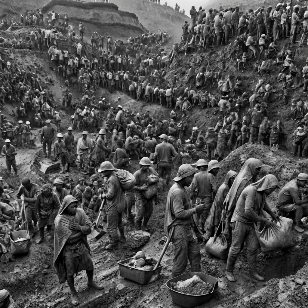 a (black and white:1.5) photo of numerous miners working in a vast, muddy excavation site. The workers are covered in dirt, wearing makeshift clothing and head coverings. Some people are carrying bags or tools, while others are standing and resting. The background is filled with more workers scaling the rough terrain High contrast, extreme details, intricate details, 8k, 35mm photo, photorealism, realistic photo, national geographic style, masterpiece