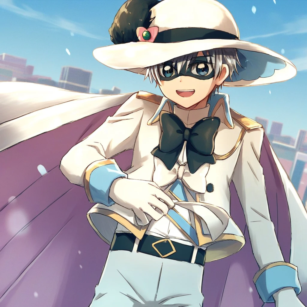 score_9, Black Pepper, 1boy, male focus, solo, short hair, white hair, blue eyes, outdoors, smile, open mouth, mask, black mask, white headwear, hat, white jacket, white shirt, white pants, white cape, white gloves, bow