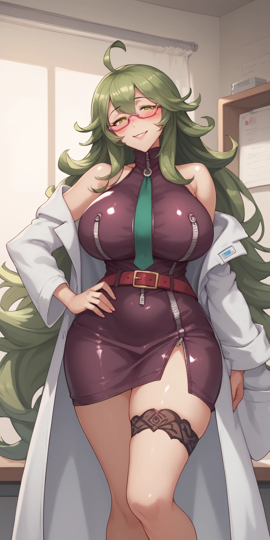 score_9, score_8_up, score_7_up, 1girl, mature female, shiny skin, <lora:Expressive_H:0.8>, <lora:person:0.8>,clara, ahoge, bare shoulders, red belt, blush, breasts, glasses, green eyes, green hair, hand on hip, labcoat, large breasts, very long hair, looking at viewer, green necktie, smile, solo, semi-rimless eyewear, legs, bridal garter,dark purple dress, indoors, zipper,