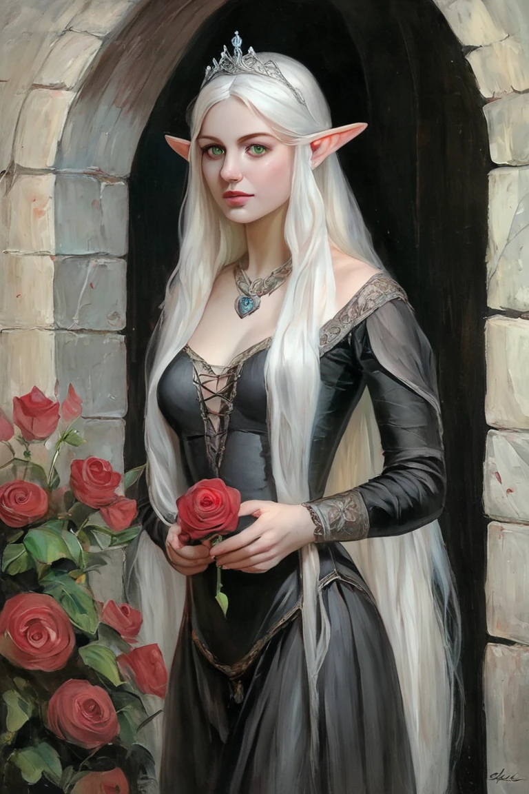 score_9, score_8_up, score_7_up, rating_safe, painterly, faux traditional media, realistic, 1girl, solo, elf, pointy ears, breasts, long hair, very long hair, white hair, green eyes, portrait, looking at viewer, black dress, tiara, silver tiara, holding, holding flower, rose, red rose, necklace, jewelry, cowboy shot, standing, outdoors, castle <lora:Faux Oil Painting Soft Style LoRA_Pony XL v6:0.7>
