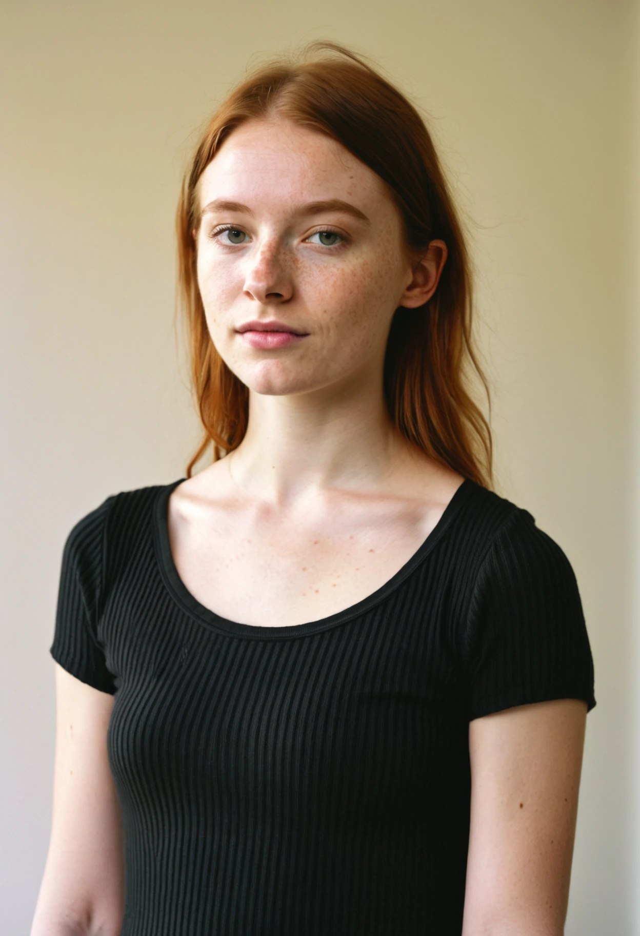 Young woman with a subtle gaze wearing a black top, color digital photograph, woman with fair skin and freckles, strawberry blonde hair, wearing a ribbed black top, over-the-shoulder look, neutral expression, indoor setting, natural light, soft shadow, light background, casual style, clear focus, day time, home interior, relaxed posture