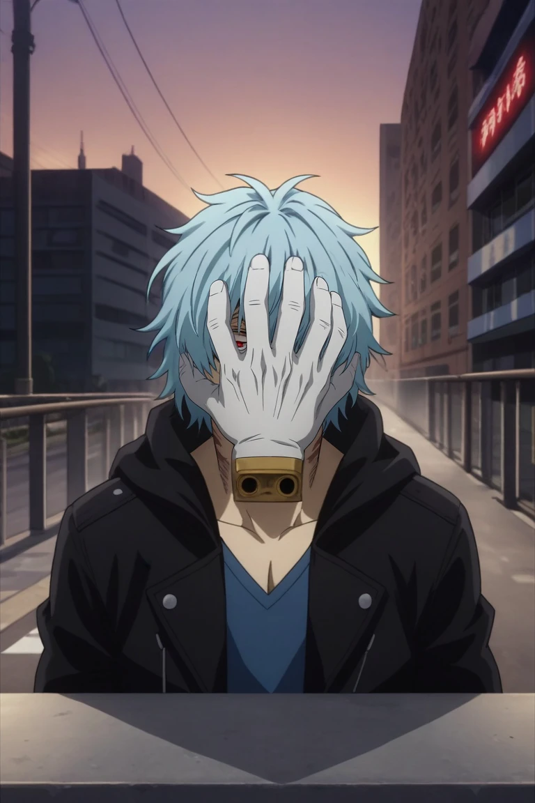 score_9, score_8_up, score_7_up, source_anime, rating_safe, , anime screencap, , , , , 1boy, solo, male focus, <lora:tomura_shigaraki_pony:0.94>, tomura_shigaraki, blue hair, , bangs, hair between eyes, scar, scar on face, gloves, white gloves, disembodied limb, covering face, , panorama, hong kong \(city\), traffic signals, street lights, neon signs, dark, sitting, nervous, , <lora:sdxl_lightning_8step_lora:1>