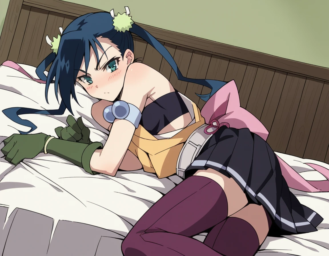score_9, score_8_up, score_7_up, source_anime,
hibachi, <lora:hibachi-s1-ponyxl-lora-nochekaiser:1>,
hibachi, long hair, green eyes, blue hair, twintails, hair ornament,
skirt, thighhighs, japanese clothes, zettai ryouiki, armband, purple thighhighs, tube top, sideless kimono, belt, pleated skirt, black skirt, gloves, green gloves, bare shoulders,
indoors, bed, bed room, on side, blush, drunk,
looking at viewer, cowboy shot, dutch angle, solo,