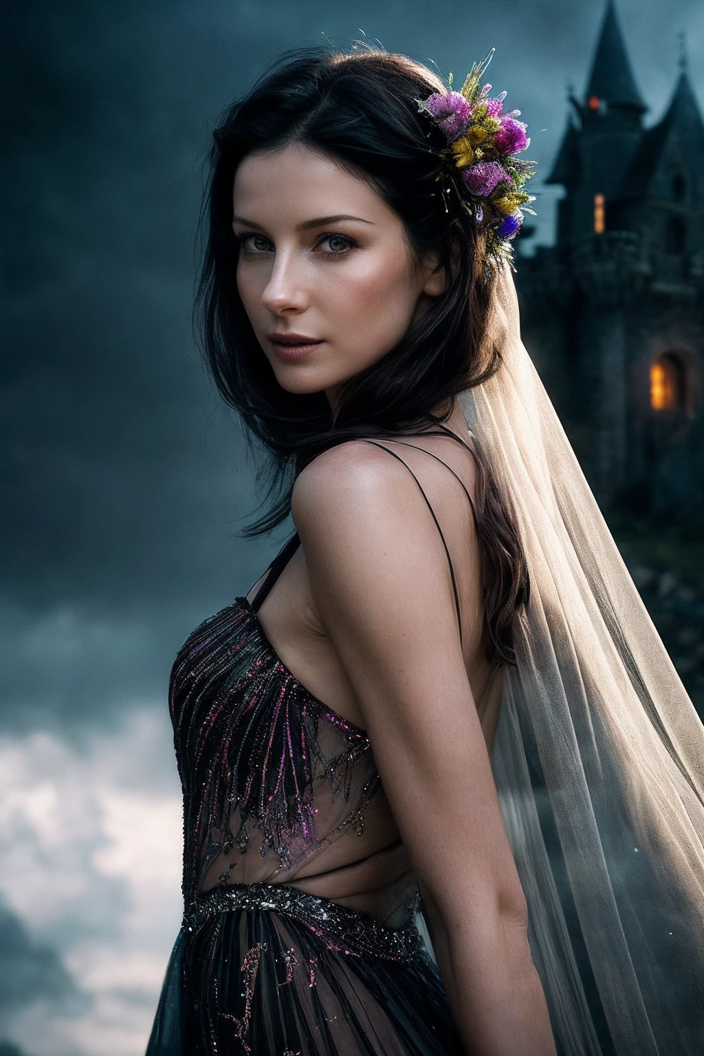 CaitrionaB_SoloTI_v1,
(Flowing silk chiffon costume adorned with shimmering sequins and intricate embroidery, cascading veils framing her graceful movements, jingling coin hip scarf accentuating her rhythmic steps, hair adorned with colorful flowers and adorned with jewels), (Sinister castle looming over a desolate landscape, lightning crackling across the sky, the eerie howl of distant wolves, minions scurrying to fulfill her commands, the air thick with the scent of ancient magic and impending doom:1.3), (seductive:1.3),(analog, cinematic, film grain, hazy atmosphere, cinematic shot:1.3),
<lora:add_detail:0.8>, PA7_Portrait-MCU,