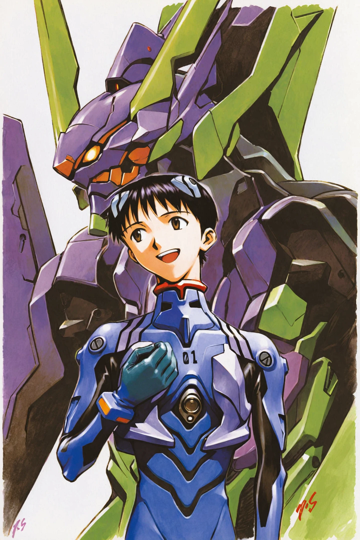 Sadamoto Yoshiyuki Style,1boy,solo,ikari shinji,plugsuit,male focus,pilot suit,interface headset,bodysuit,eva 01,mecha,smile,robot,open mouth,upper body,brown eyes,gloves,evangelion (mecha),headgear,science fiction,turtleneck,:d,teeth,bracer,bangs,brown hair,white background,signature,short hair,looking to the side,upper teeth only,traditional media,black hair,blue bodysuit,simple background,<lora:mix_XL:0.8>,