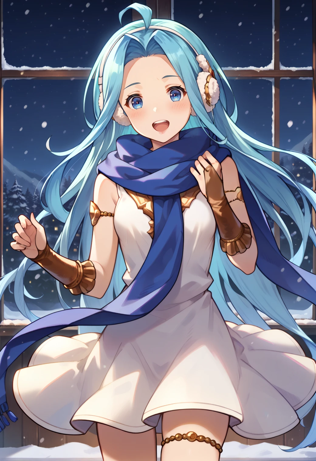 score_9, score_8_up, score_7_up, hd, (ultra hd quality details), indoors, night, snow,
(masterpiece, best quality), fcDetailPortrait, solo, 1girl, luriabase, blue hair, very long hair, ahoge,
lyrdefdress, earmuffs, blue scarf, muffler, pom pom \(clothes\), jewelry, bridal gauntlets, thighlet,
looking at viewer, open mouth, teeth, blush,
standing,
<lora:_lyria-elesicov1:1>