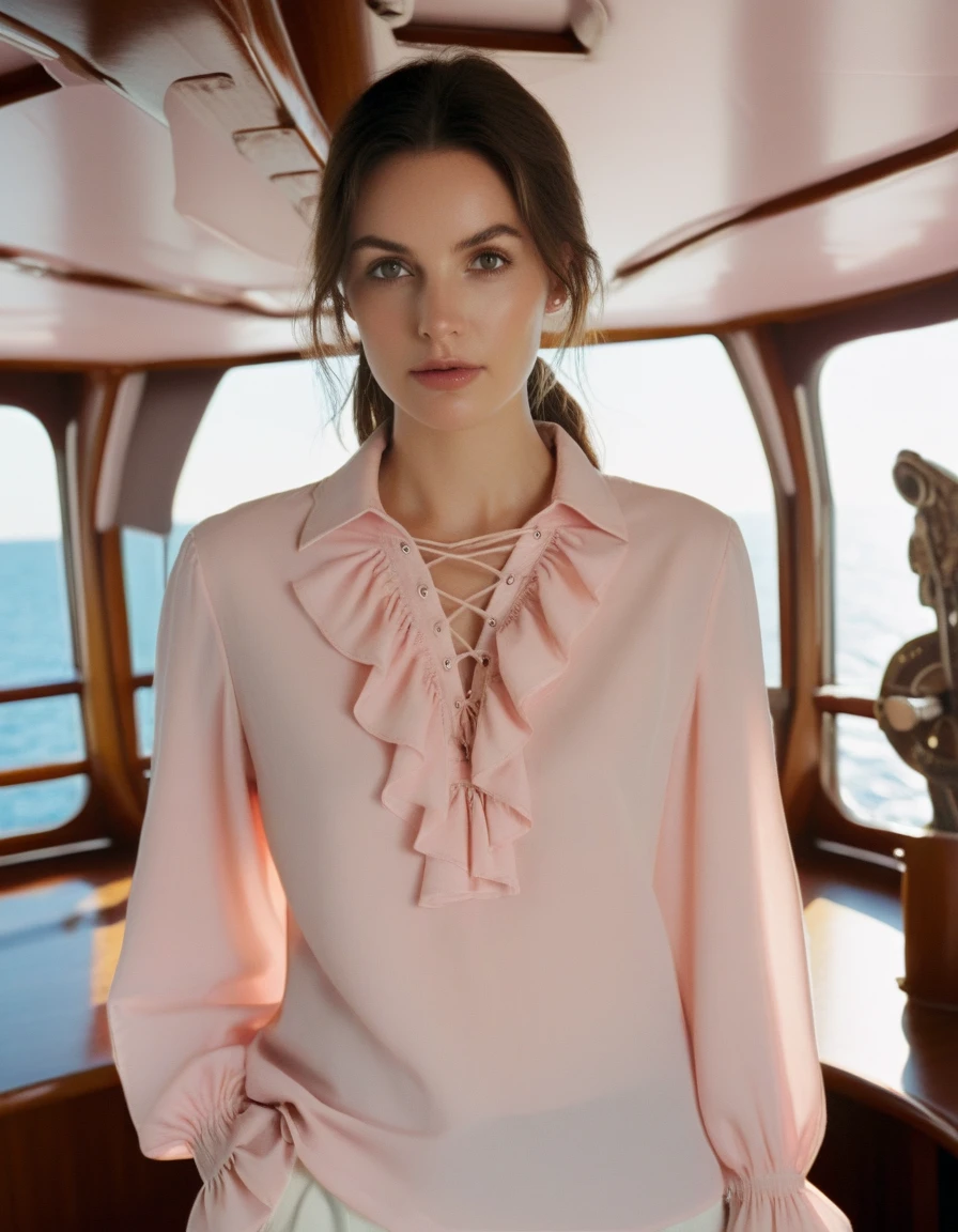 cinematic still prtshirt, pale pink ruffle shirt, long sleeve, female focus, drawstring, a slim attractive model, on a sunny ship, front view, center composition, bright indoor lighting, upper body only . emotional, harmonious, vignette, 4k epic detailed, shot on kodak, 35mm photo, sharp focus, high budget, cinemascope, moody, epic, gorgeous, film grain, grainy, prtshirt, pale pink ruffle shirt, long sleeve, female focus, drawstring, a slim attractive model, on a sunny ship, front view, center composition, bright indoor lighting, upper body only, highly detailed, sublime, handsome, intricate, elegant, sharp complimentary colors, perfect romantic, aesthetic, extremely charming, stunning, rich deep color, cinematic, beautiful