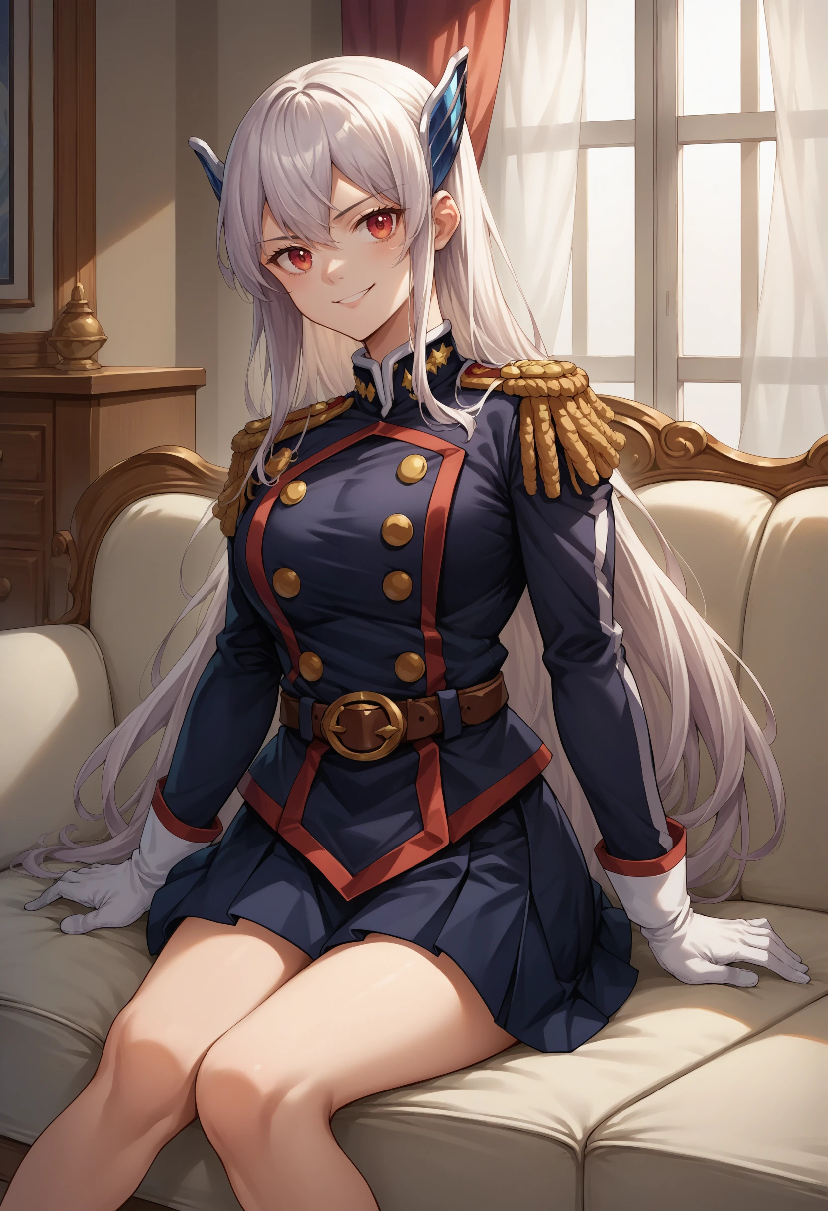 score_9, score_8_up, source_anime, 1girl, solo, UzenKyouka, long hair, hair ornament, military uniform, epaulettes, blue jacket, brown belt, white gloves, blue skirt, indoors, sitting, on couch, smile, <lora:ChamUzenKyoukaPonyXL:1>