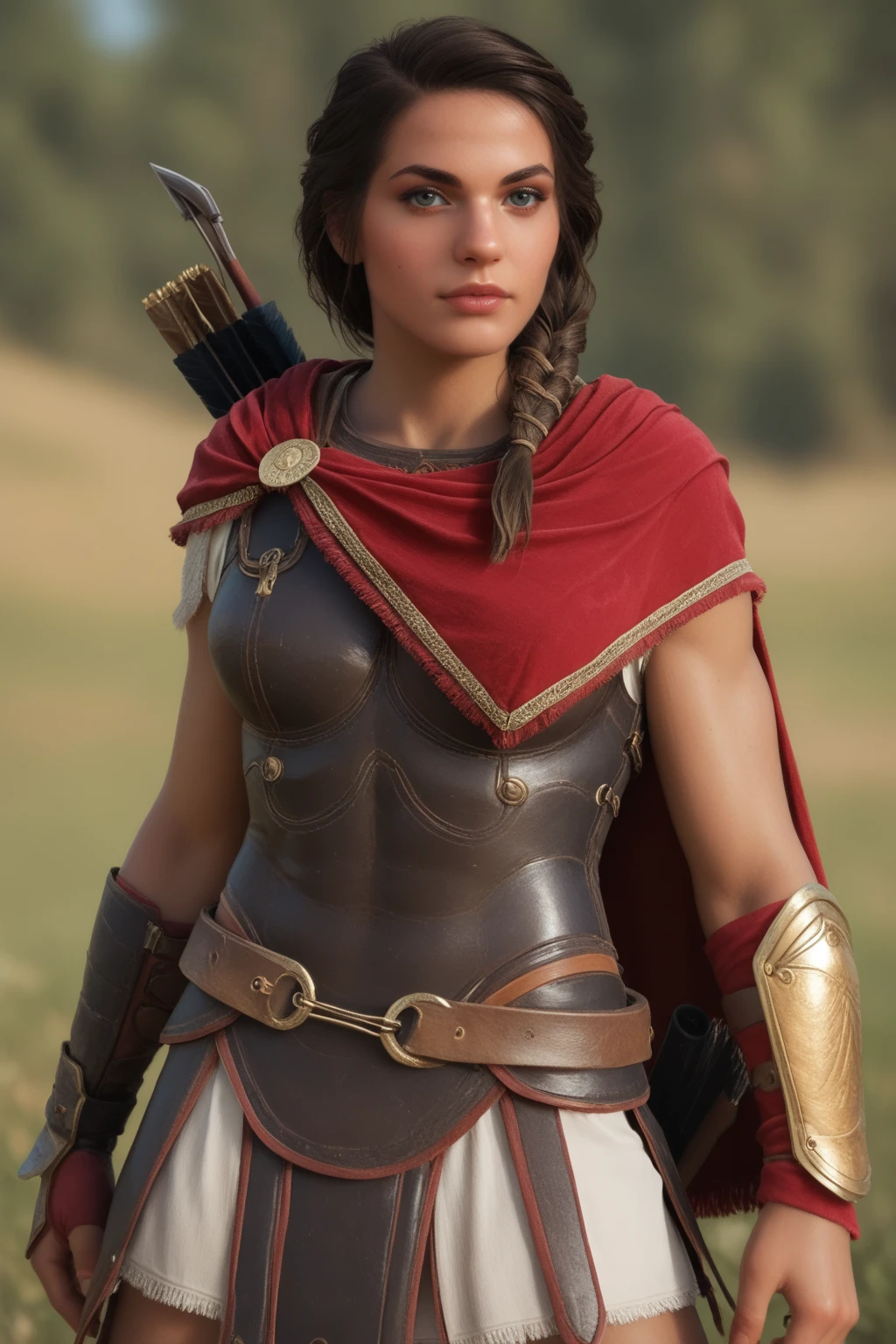 score_9, score_8_up, score_7_up, masterpiece, high quality, BREAK
<lora:KassandraPonyLoRA:0.8>kssndra, braid, long hair, hair over shoulder, capelet, breastplate, asymetrical bracer, fingerless gloves, belt, skirt, standing, bow (weapon), arrow (projectile), quiver