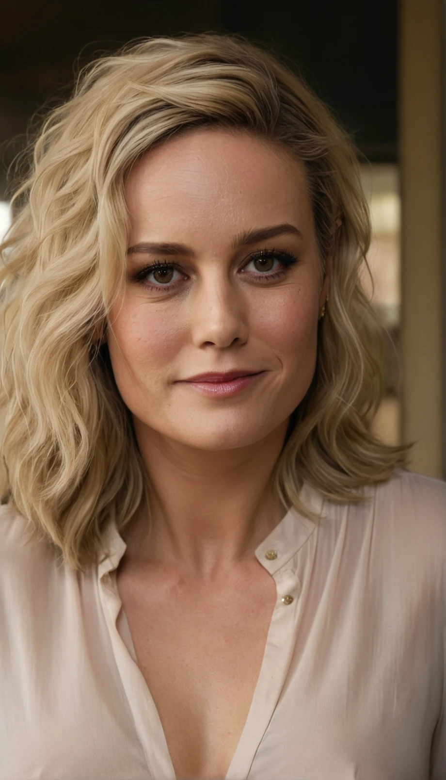 a beautiful picture of brieXL,blonde,mature woman,detailed skin texture,masterpiece, photorealistic, light, RAW color photo,(fully in frame:1.1), (blush:0.5), (goosebumps:0.5), (smiling:0.5),wearing a blouse,disheveled hair,messy hair <lora:brieXL:1>