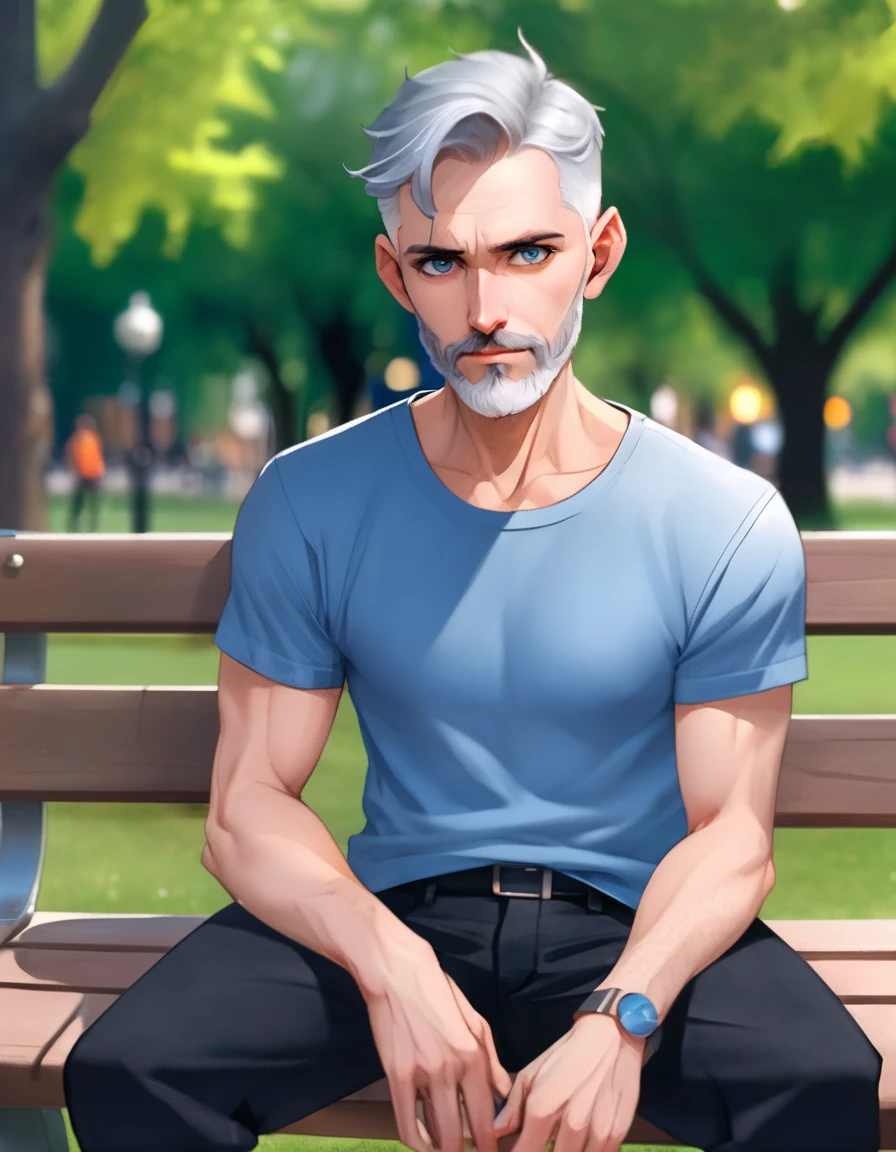 CptRayner, Rayner, male focus, gray eyes, pointy ears, gray thin beard, short gray hair, undercut, upper body, blue shirt, black pants, sitting in a park on a bench, 8k photography, sony alpha a 1 shot