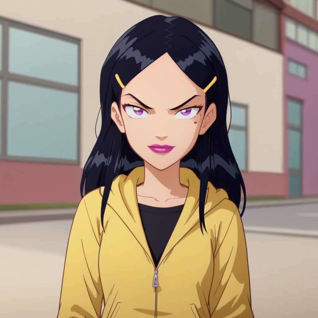 score_8_up, BREAK, anime screencap, Mandy, 1girl, solo, long hair, black hair, purple eyes, lipstick, hairclip, mole under left eye, <lora:Mandy_TotallySpies_PXL_Leaf2:1> , cowboy shot, yellow hoodie, black shirt, looking at viewer, depth of field,