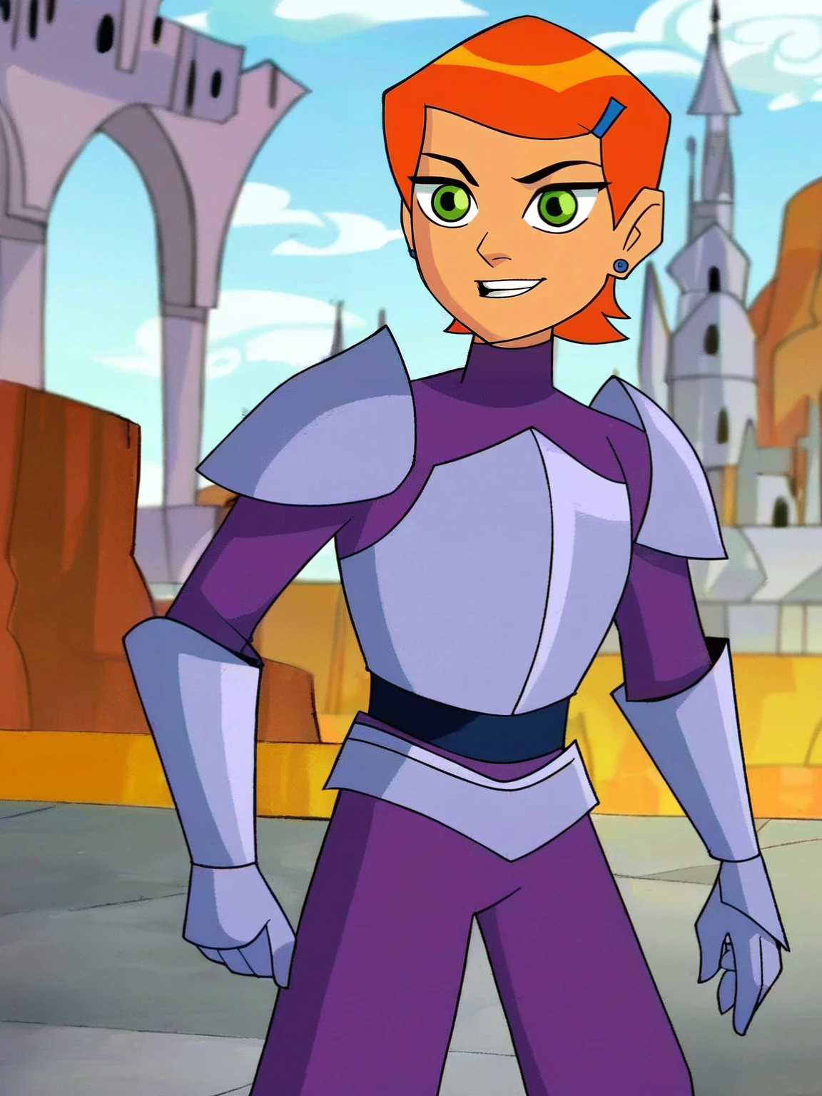<lora:Gwen:0.9> gw_n, 1girl, pale skin, green eyes, short orange hair, blue hair clip, sapphire earrings,
((golden knight armor)), castle background, score_9, score_8_up, score_7_up,