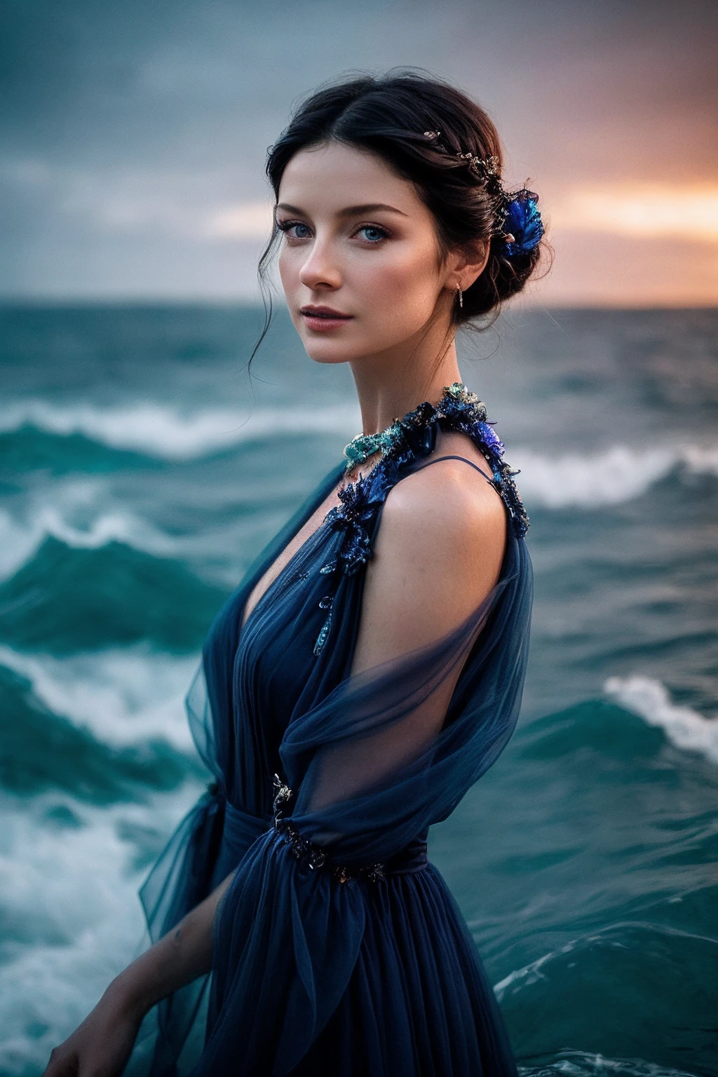 CaitrionaB_SoloTI_v1,
(In a billowing gown of sapphire-blue chiffon, adorned with iridescent seashells and seaweed, for a mesmerizing and alluring look), (Amidst the crashing waves on a desolate shore, where the haunting melody of the sea entices sailors to their doom, a sense of enchantment and danger permeates the salty air:1.3), (seductive:1.3),(analog, cinematic, film grain, hazy atmosphere, cinematic shot:1.3),
<lora:add_detail:0.8>, PA7_Portrait-MCU,