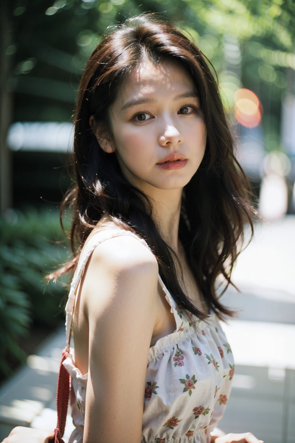 Best quality, masterpiece, ultra high res, (photorealistic), raw photo,1girl, skinny, upper body,solo, realistic, looking at viewer, long hair, bokeh background, city streets,brown eyes, bohemian dress, <lora:makina69_vivianhsu_v1.0:1>