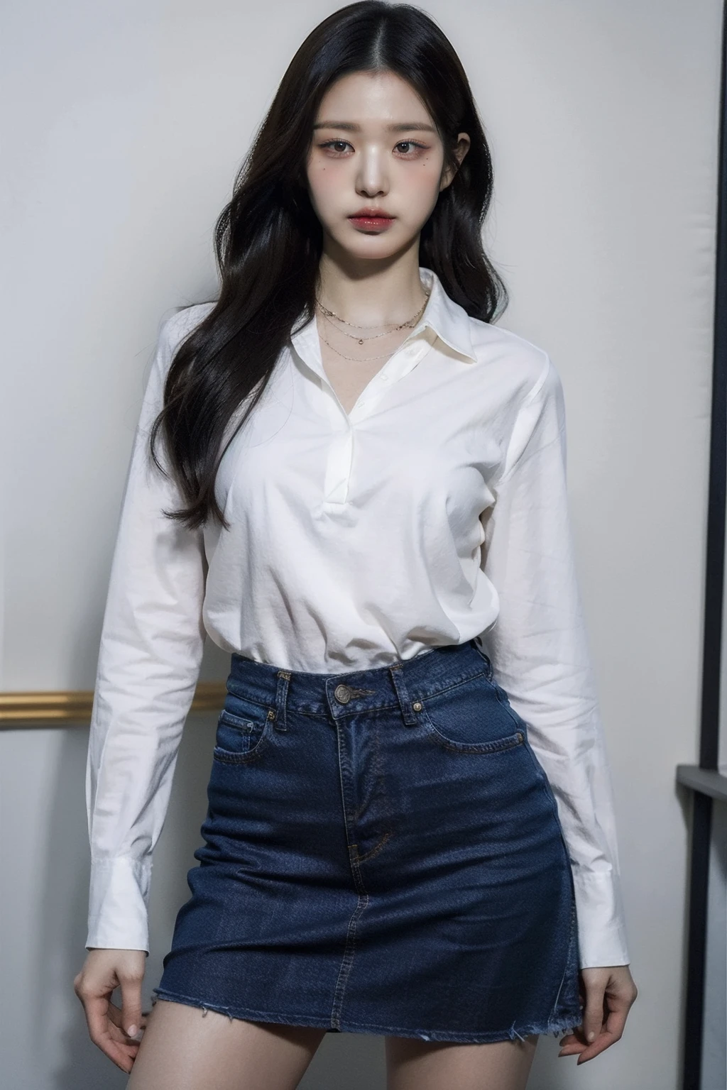 (realistic), (hyperrealism),best quality, masterpiece,ultra high res, (photorealistic:1.4),1girl,solo, realistic, looking at viewer, parted lips, jeans skirt, white collared shirt, tie,
,skinny, long neck, tall,
<lora:makina69_wonyoung_v4.9:1> , necklace, red wavy hair,
