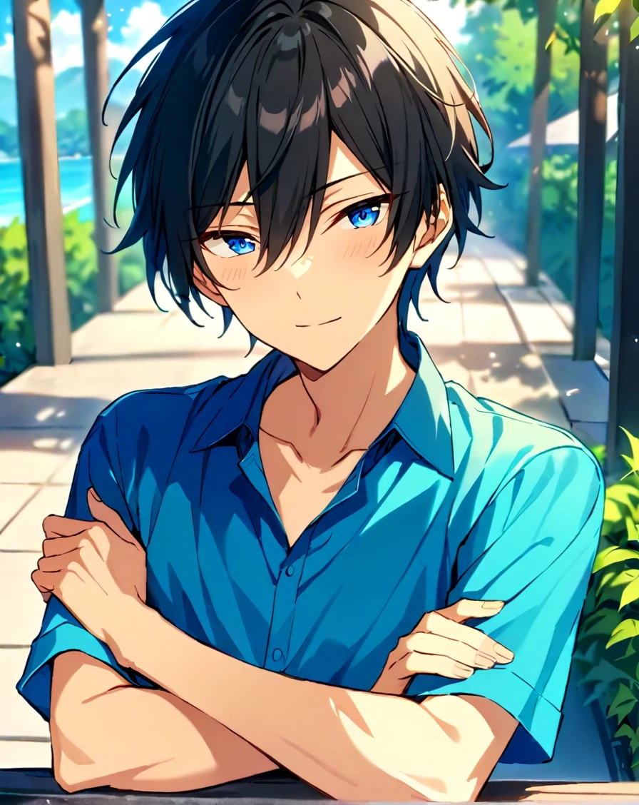 masterpiece, best quality, very aesthetic, absurdres, very detailed, score_9, score_8_up, score_7_up, depth of field, ((1boy, solo, male only, male focus, upper body, adult)), (hidaka_hokuto, black hair, blue eyes, slanted eyes, short hair, hair between eyes), happy, looking at viewer, facing viewer, collarbone, outdoors, collared shirt, blue shirt, arms crossed, <lora:Hidaka_Hokuto_SDXL_LoRA__Ensemble_Stars:0.74>, <lora:Lightning-8:1>