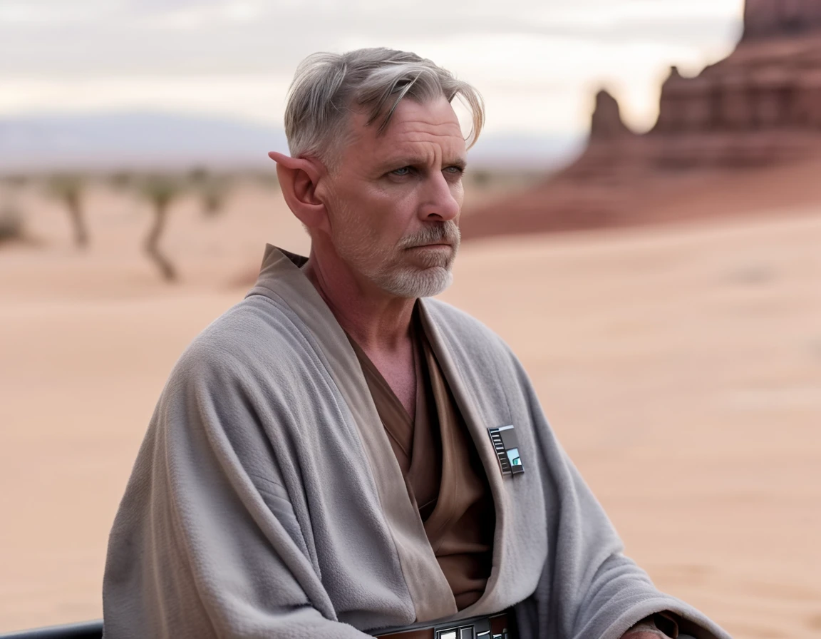 CptRayner, Rayner, male focus, gray eyes, pointy ears, gray thin beard, short gray hair, undercut, upper body, looking to viewer, star wars robe, sitting at a bench on a desert planet, 8k photography, sony alpha a 1 close up, shot