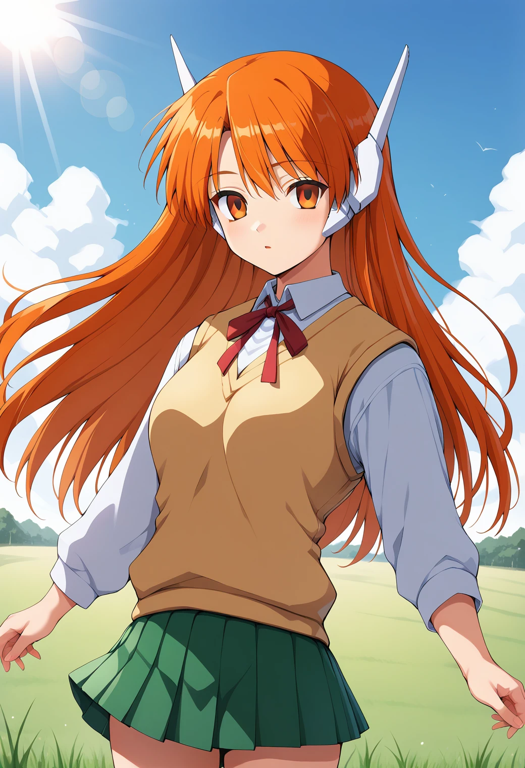 1girl, solo, (field:1.2), (sky:1.2), (sunlight:1.2), cowboy shot,
mx-13_serio, orange eyes, empty eyes, orange hair, long hair, robot ears, school uniform, sweater vest, ribbon, white shirt, long sleeves, pleated skirt, green skirt, <lora:HMX-13_Serio_pony_ver1:0.7>, score_9, score_8_up, score_7_up, BREAK source_anime, best quality, uncensored,