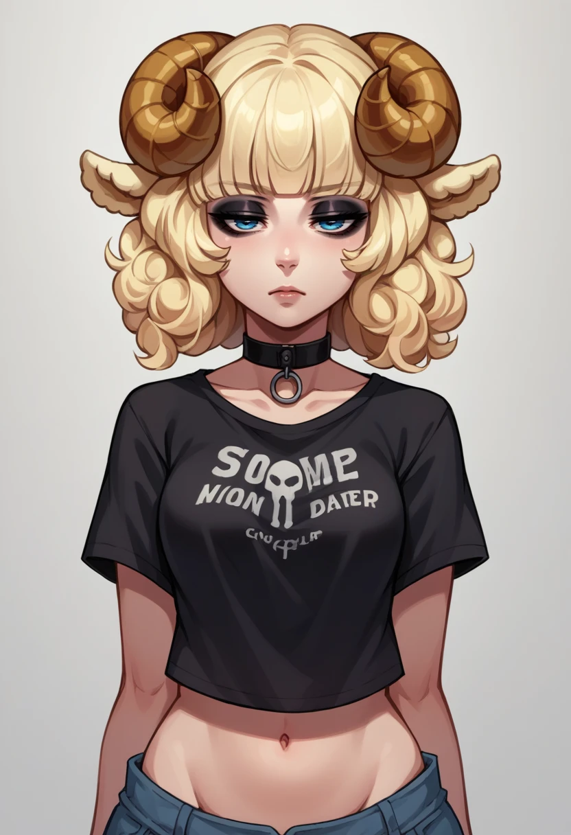 score_9, score_8_up, source_anime, 1girl, solo, Weresheep, blonde hair, blue eyes, horns, sheep ears, black shirt, t-shirt, black choker, goth, eyeliner, eyeshadow, <lora:ChamWeresheepPonyXL:1>