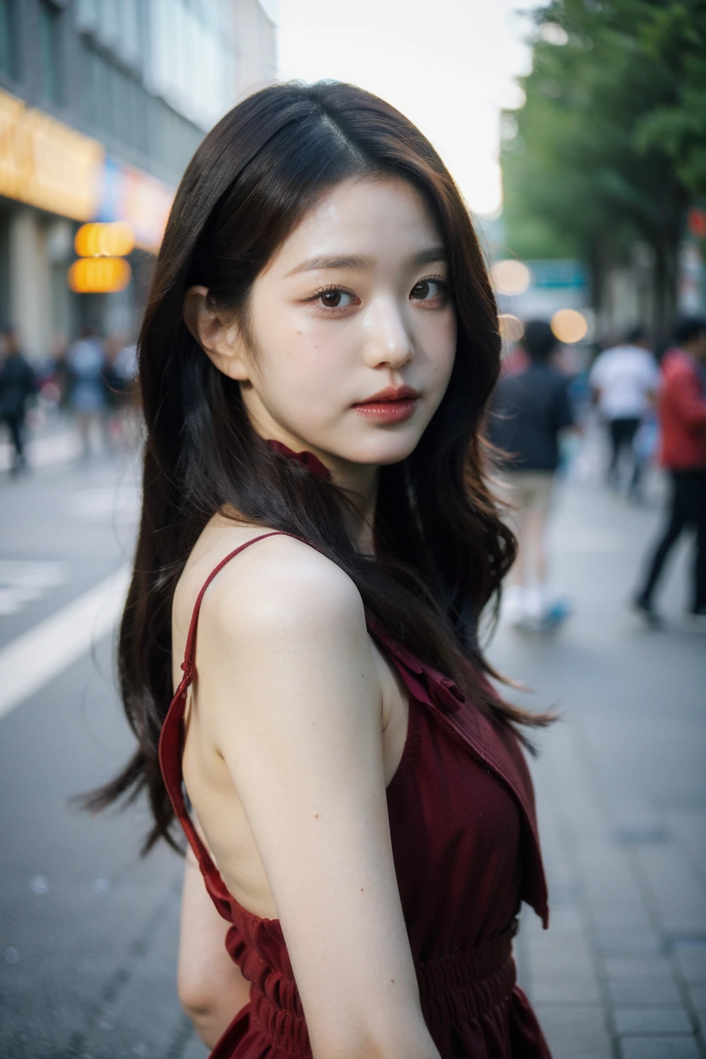 Best quality, masterpiece, ultra high res, (photorealistic), raw photo,1girl, skinny, upper body,solo, realistic, looking at viewer, long hair, bokeh background, city streets,brown eyes, bohemian dress,  <lora:makina69_wonyoung_v4.9:1>