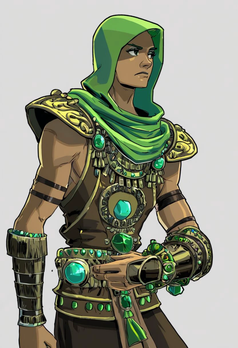 Wizardry, H2Style, Stylized, high contrast, vibrant colors, white background,bronze bracers, Posing,  archer, black, arm guards, shoulder pauldrons, green gemstones, intricate bracers,  hooded, Looking away