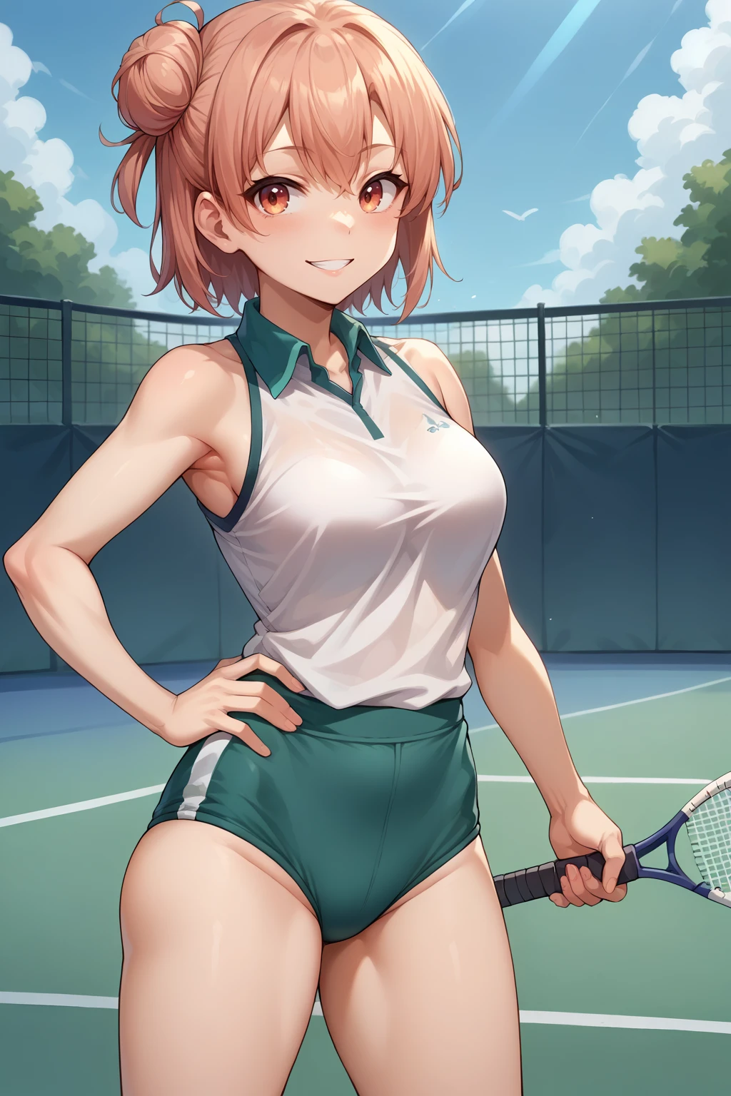 score_9, score_8_up, score_7_up, source_anime, cowboy shot, looking at viewer, smile, yyghm, short hair, single hair bun, green buruma, white socks, holding tennis racket, hand on hip, outdoors, tennis court, <lora:Hoseki_Oregairu_YuiYuigahama_PDXL_v1:1>