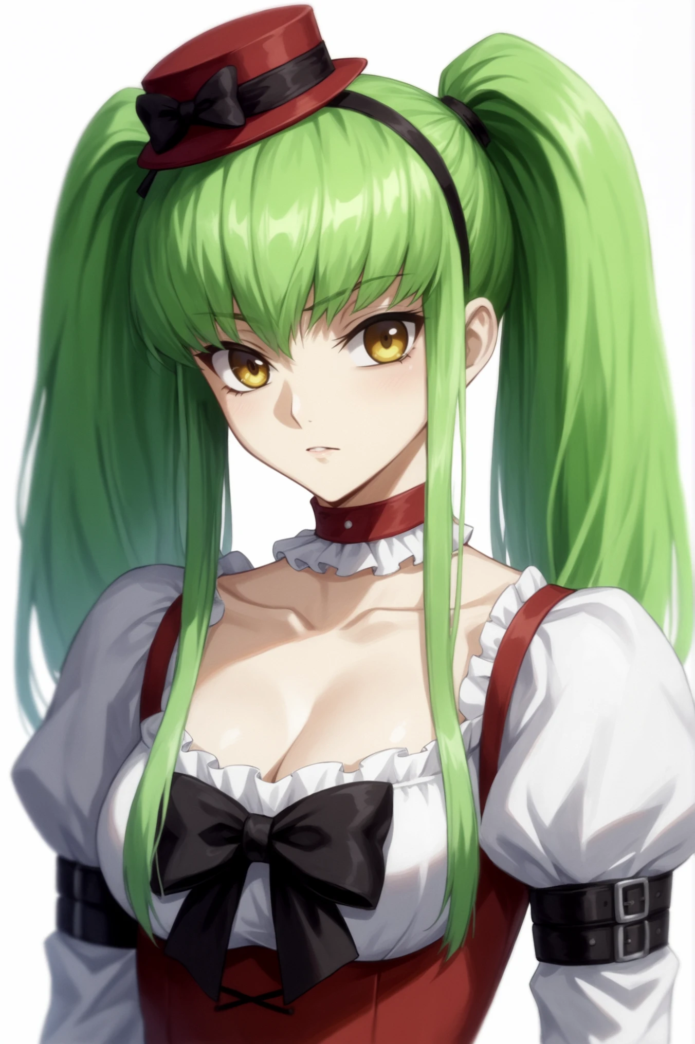 <lora:C.C.:0.7> rating_all, score_10, score_8_up, score_7_up, Zero's Mistress, upper body, white background, looking at viewer, twintails <lora:sdxl_lightning_4step_lora:1.0>