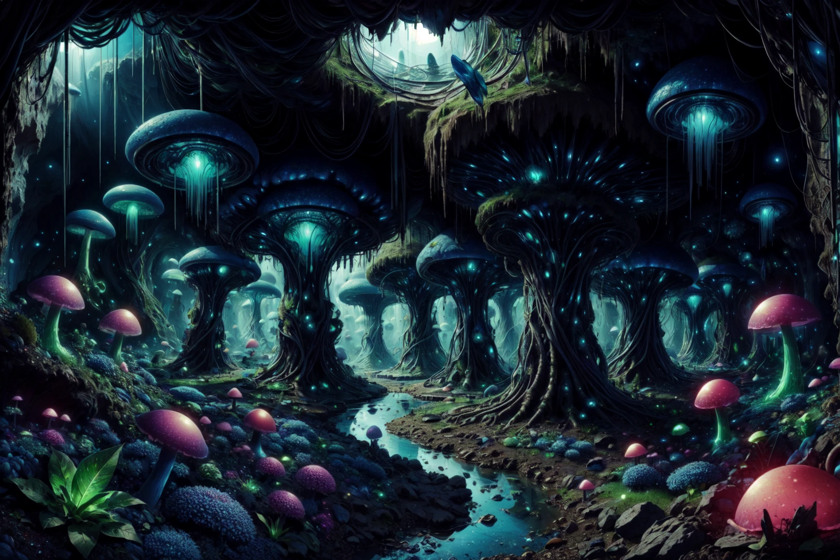 masterpiece, best quality, absuredres, <lora:NeoFalmerWorld1.0:1> neofalmerworld, scifi, underground cavern with giant blue glowing mushrooms with tendrils, blue glow <lora:add_detail:0.4>
